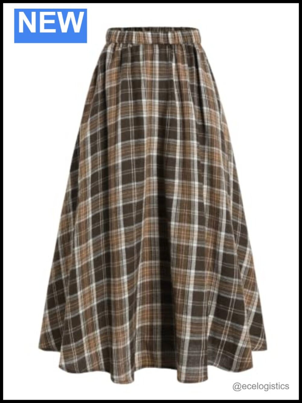 Plaid Midi Skirt High Waisted A-Line Elastic Waist with Pockets